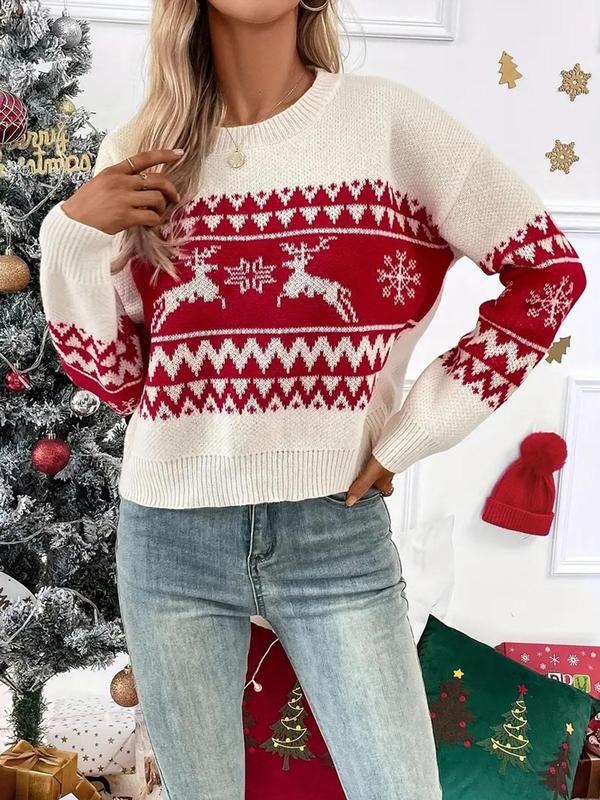 Women's Christmas Themed Jacquard Drop Shoulder Sweater, Casual Long Sleeve Round Neck Jumper Fall Sweaters for Fall & Winter, Ladies' Knitwear for Daily Wear, Fall Clothes 2024